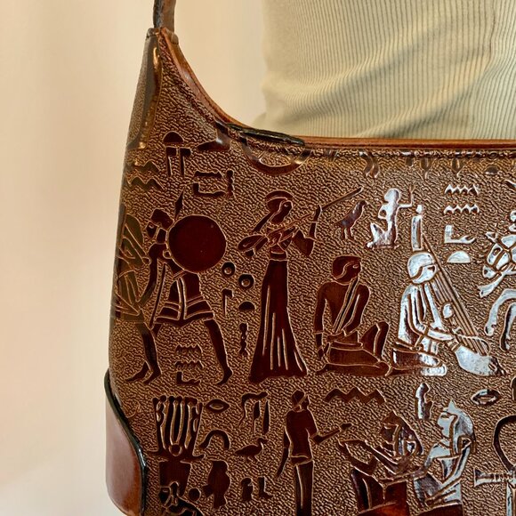 VTG Leather Hungun Egyptian Hieroglyphic Brown Hand Bag Purse Goddess Carving - Picture 5 of 15